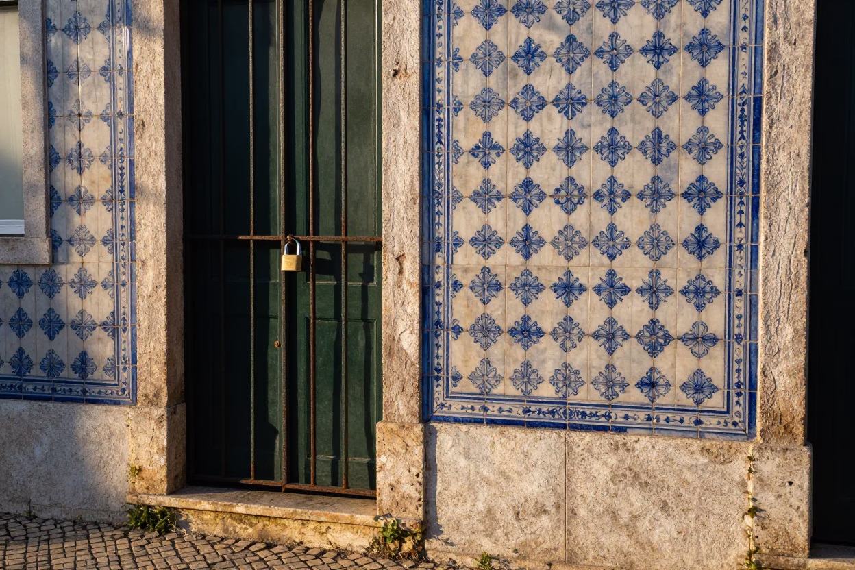 Lisbon morning light on historic azulejo tiles and street scene in in Lisbon, Portugal