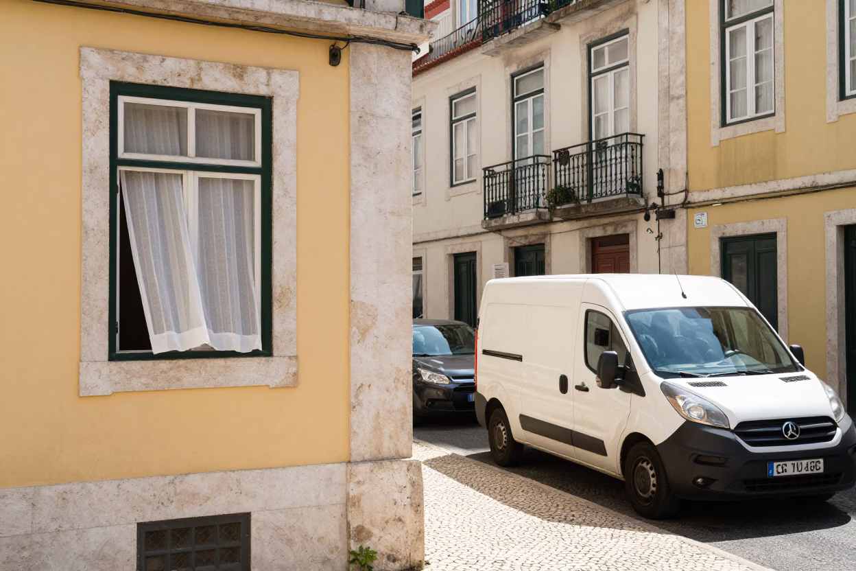 Lisbon Morning Street Scene with Open Window Curtain and Vintage Car in in Lisbon, Portugal