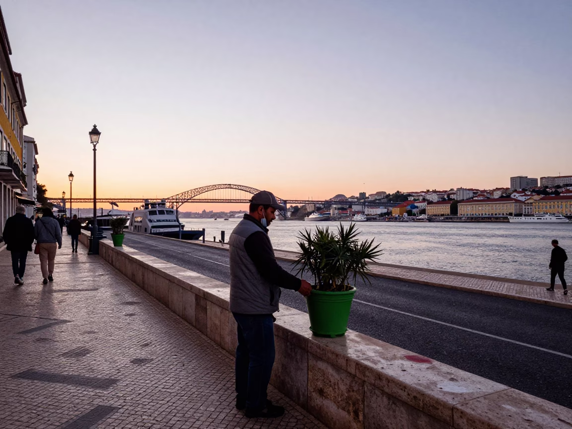 Lisbon Nautical Dawn Street Scene with Brushed Steel and Plant Pot in Portugal in in Lisbon, Portugal