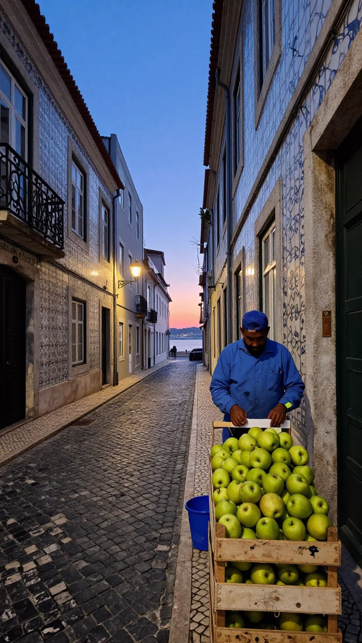 Lisbon Nautical Dawn Street Scene with Chipped Blue Enamel Pot in in Lisbon, Portugal