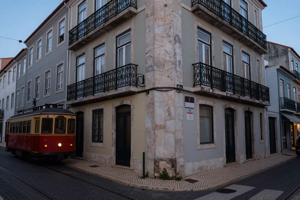 Lisbon Nautical Dawn Street Scene with Heritage Train and Dewy Substation Fence in in Lisbon, Portugal