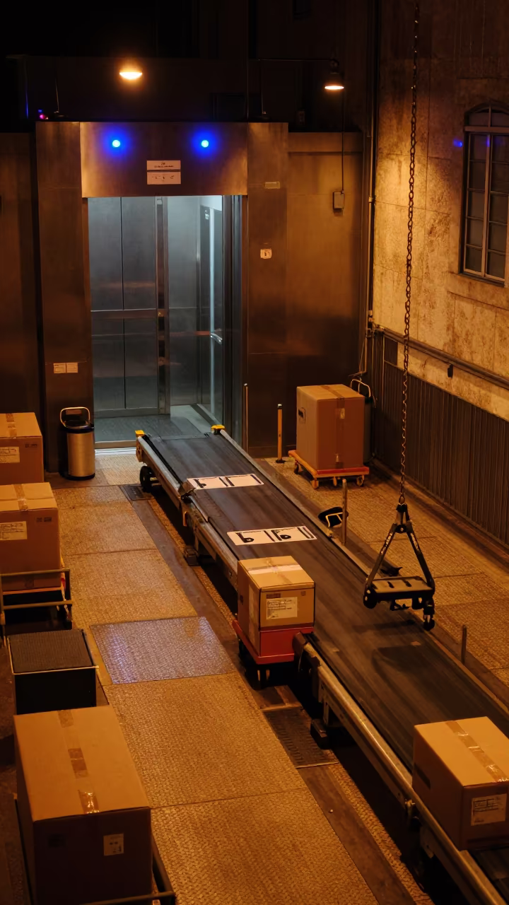Lisbon Night Freight Lobby with Sorting Carts in at a parcel sorting belt near Lisbon