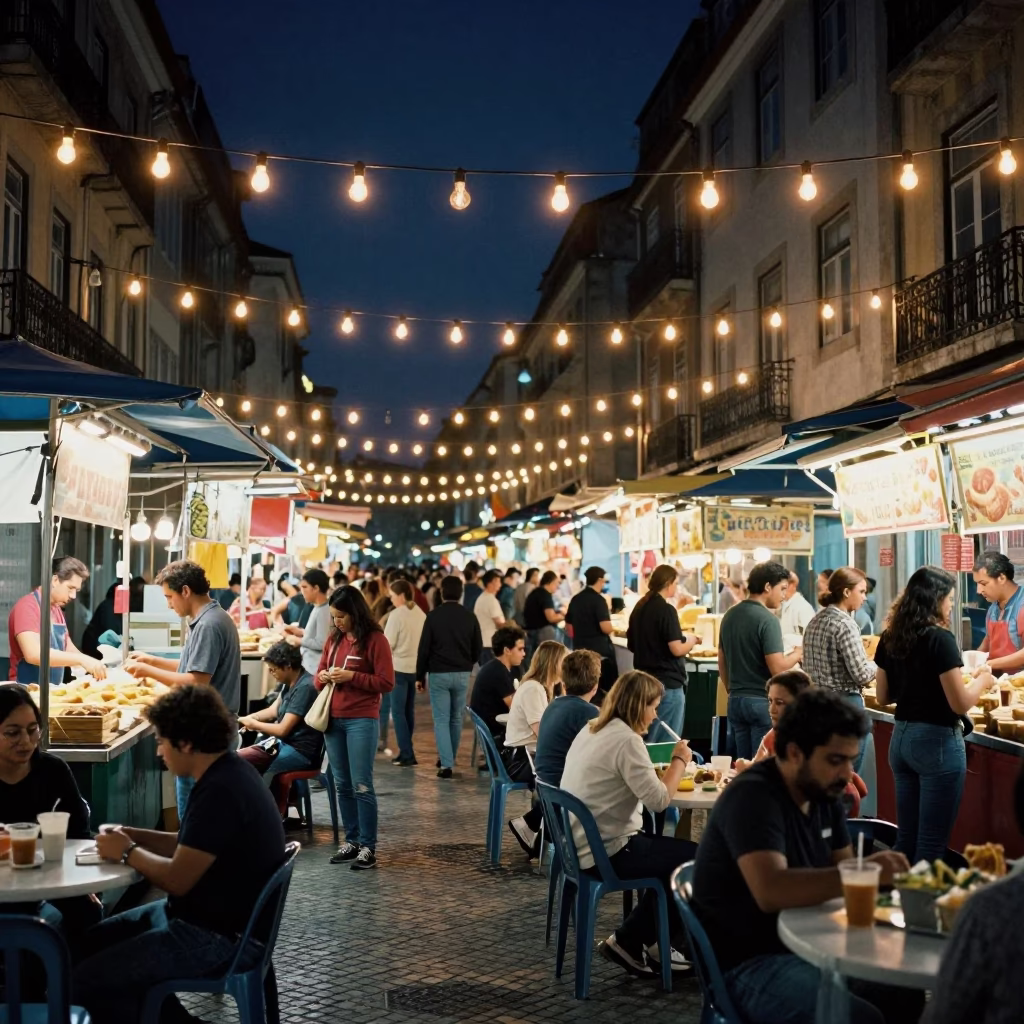 Lisbon Night Market Food Court Bustling Street Scene Under Deep Night Sky in in Lisbon, Portugal