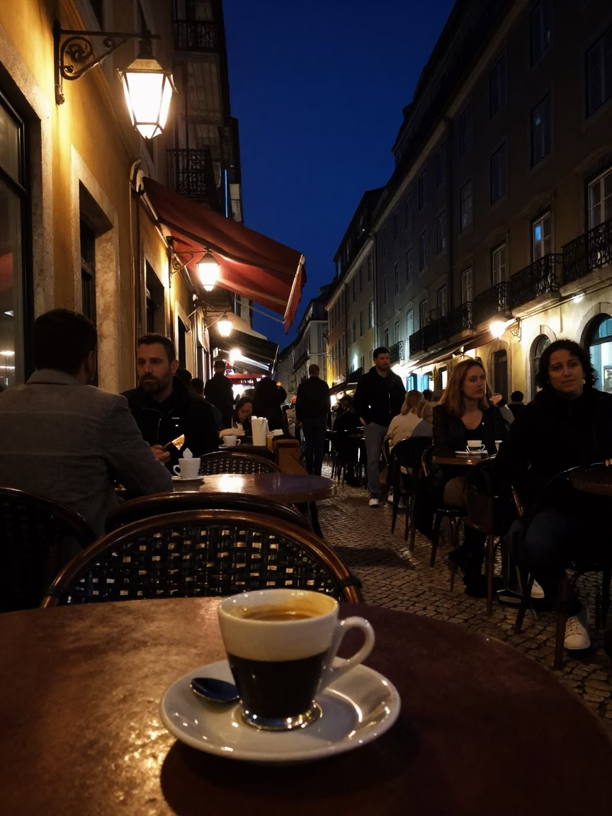 Lisbon Night Scene with Espresso Cup on Cafe Table Under Deep Sky in in Lisbon, Portugal
