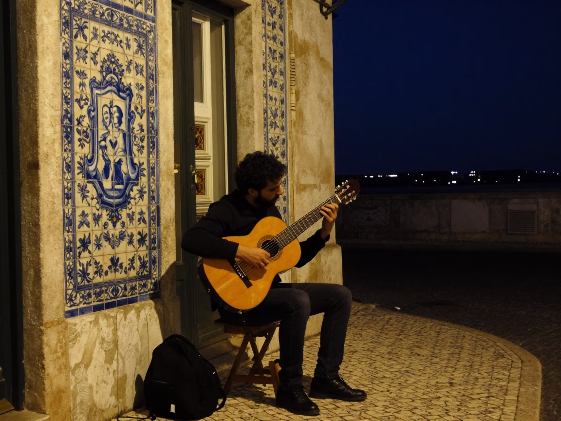 Lisbon Night Scene with Fado Guitarist and Traditional Azulejo Tiles in in Lisbon, Portugal