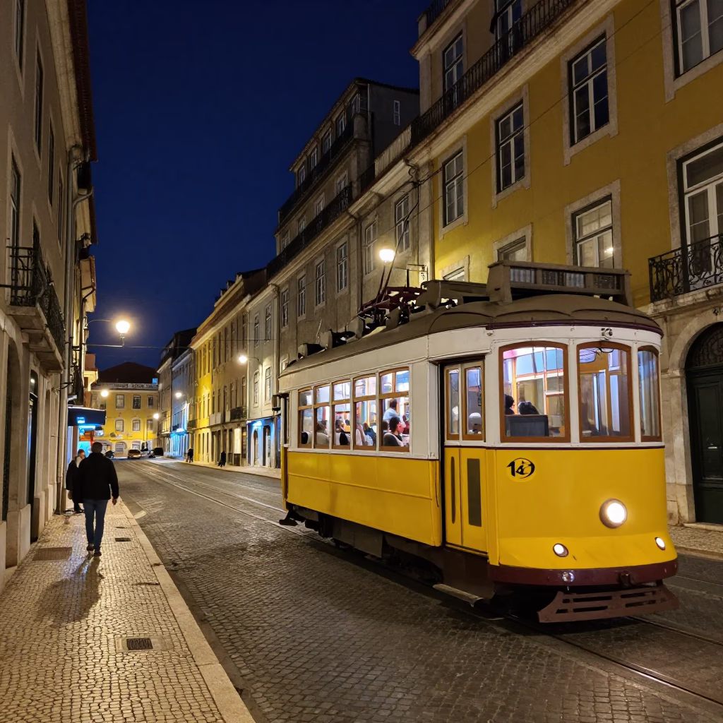 Lisbon Night Scene with Tram Lights and Historic Architecture in in Lisbon, Portugal
