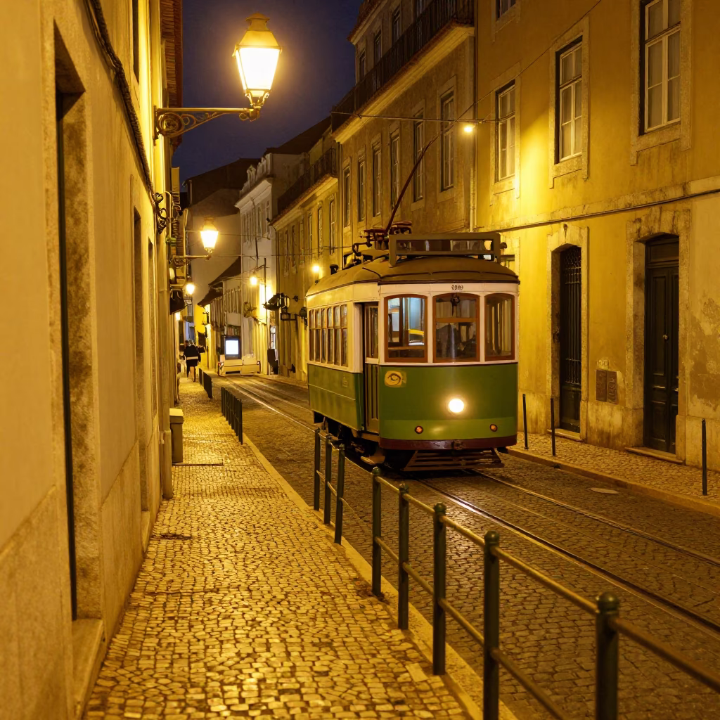 Lisbon Night Scene with Tram Tracks and Stair Rail in Alfama in in Lisbon, Portugal