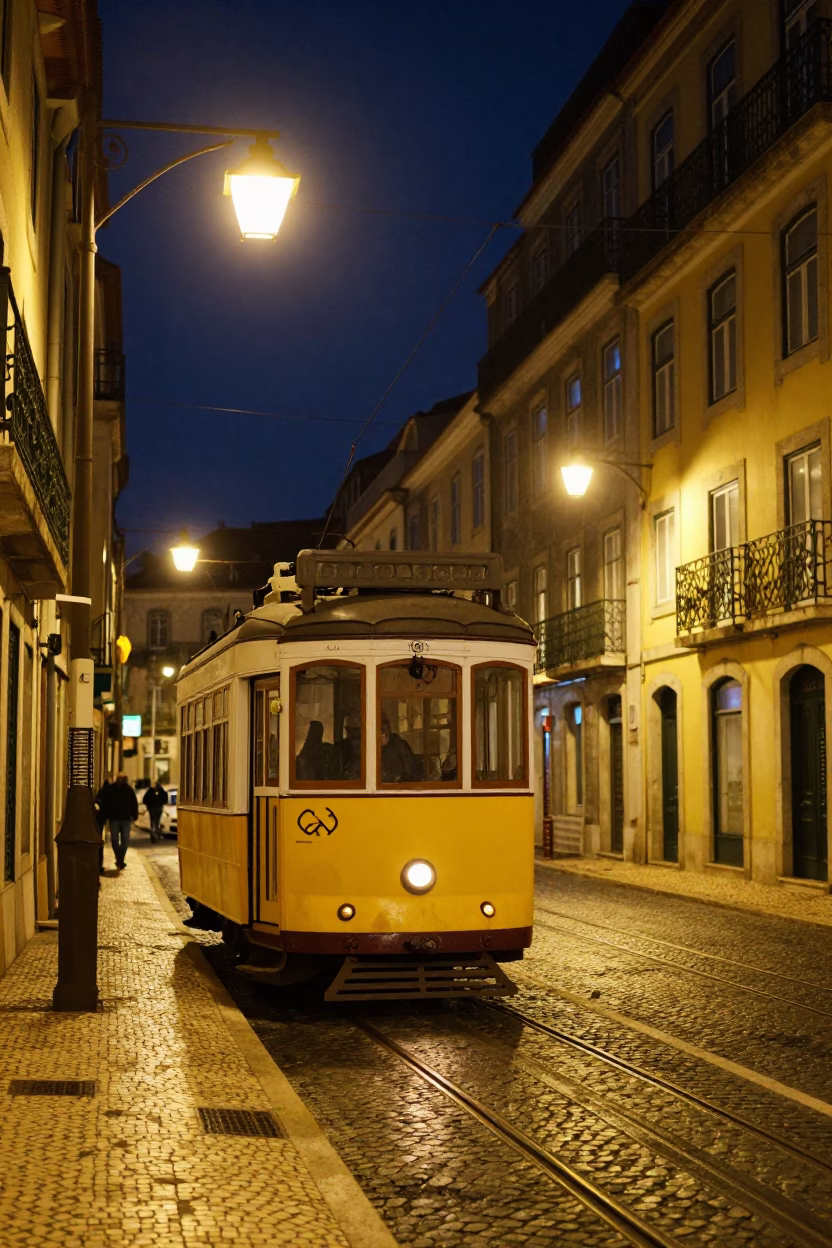 Lisbon Night Scene with Yellow Tram and Hydrophone Winch Detail in in Lisbon, Portugal