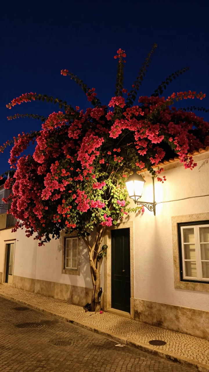 Lisbon Night Street Scene with Bougainvillea and Lantern Light in Portugal in in Lisbon, Portugal