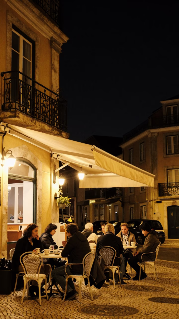 Lisbon Night Street Scene with Ceramic Mugs and Traditional Architecture in in Lisbon, Portugal