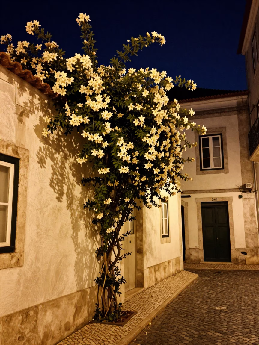 Lisbon Night Street Scene with Climbing Jasmine and Historic Architecture Under Deep Night Sky in in Lisbon, Portugal