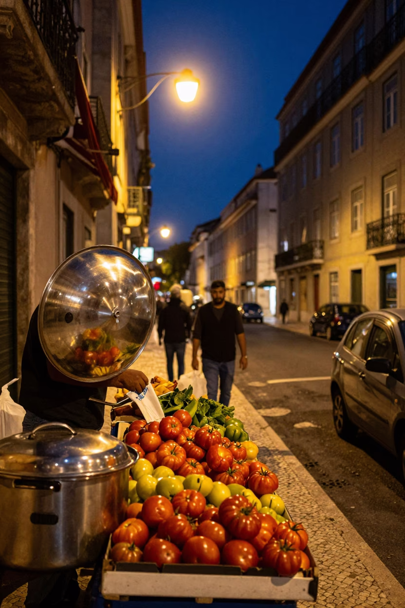 Lisbon Night Street Scene with Colorful Tomatoes and Steel Pot Lid in in Lisbon, Portugal