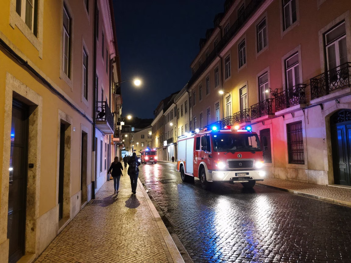 Lisbon Night Street Scene with Fire Engine Sirens and Urban Atmosphere in in Lisbon, Portugal