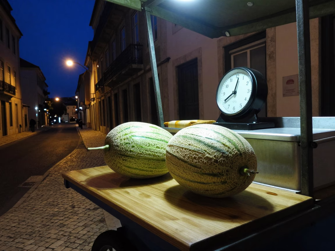 Lisbon Night Street Scene with Melons and Kitchen Timer Under Deep Sky in in Lisbon, Portugal