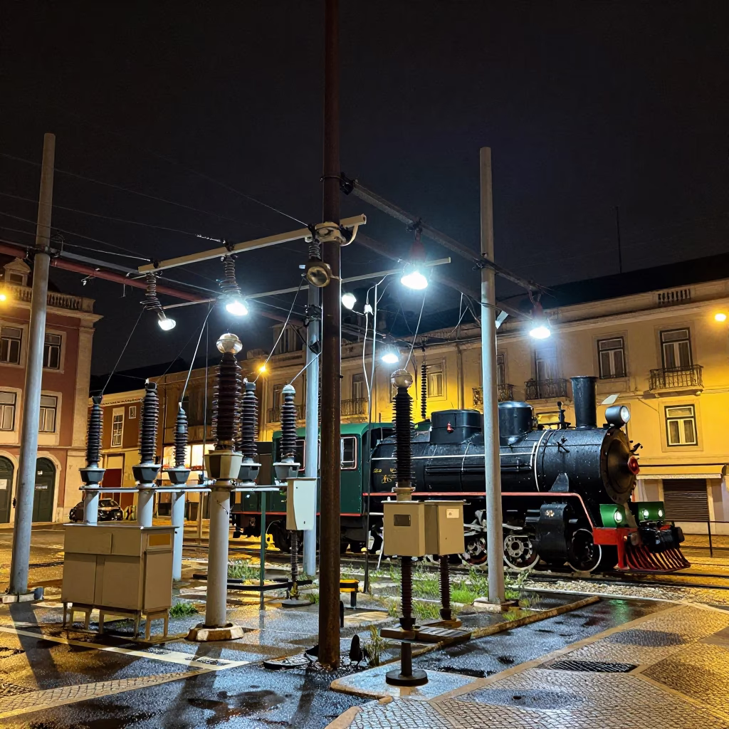 Lisbon Night Street Scene with Steam Train and Substation Insulators Under Floodlights in in Lisbon, Portugal