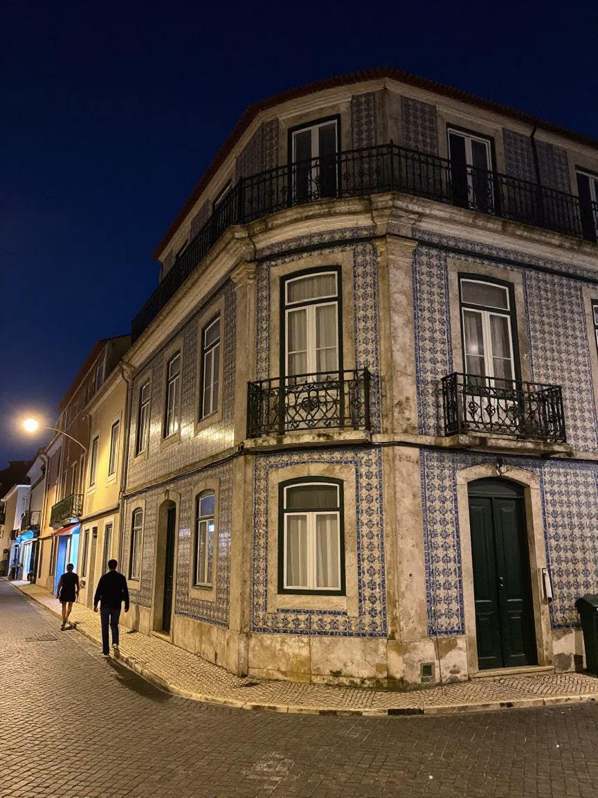 Lisbon Night Street Scene with Tiled Facades and Vintage 1960s Charm in in Lisbon, Portugal