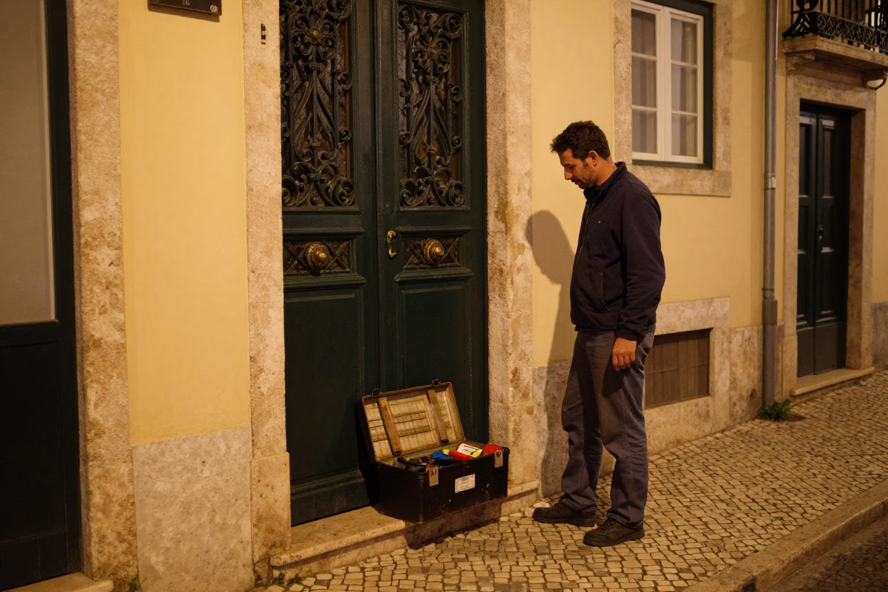 Lisbon Night Street Scene with Toolbox and Traditional Door Latch in Historic Alleyway in in Lisbon, Portugal