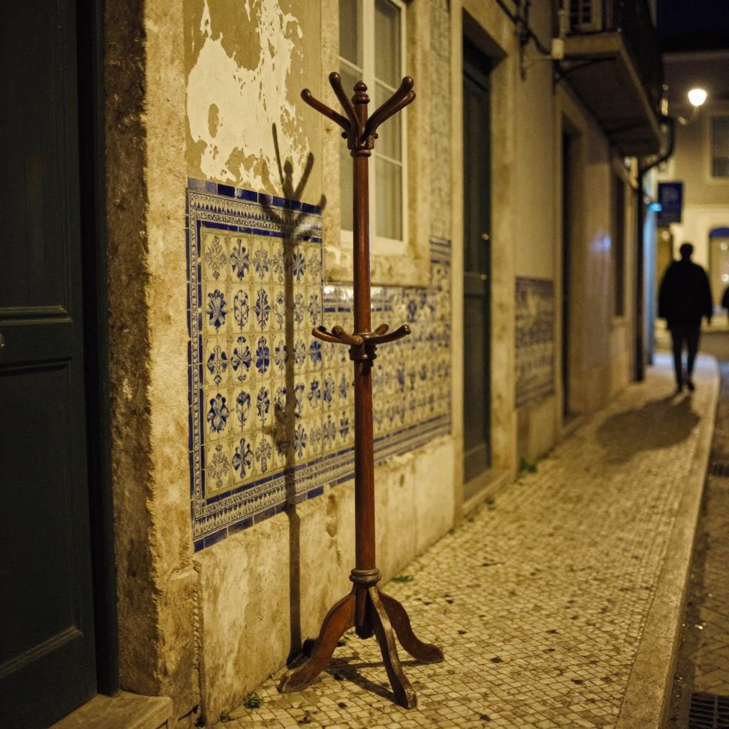 Lisbon Night Street Scene with Traditional Coat Stand and Vintage 1980s Atmosphere in in Lisbon, Portugal