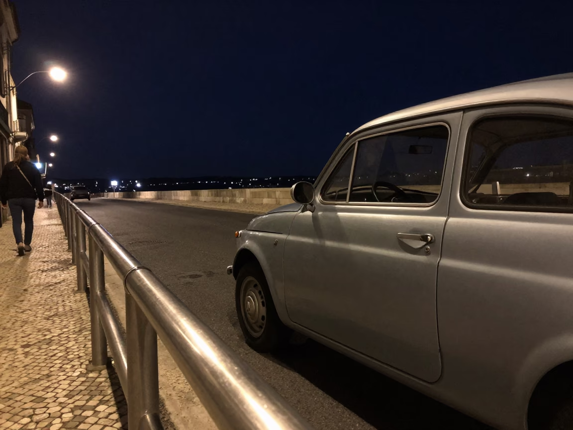 Lisbon Night Street Scene with Vintage Car and Brushed Steel Details in in Lisbon, Portugal