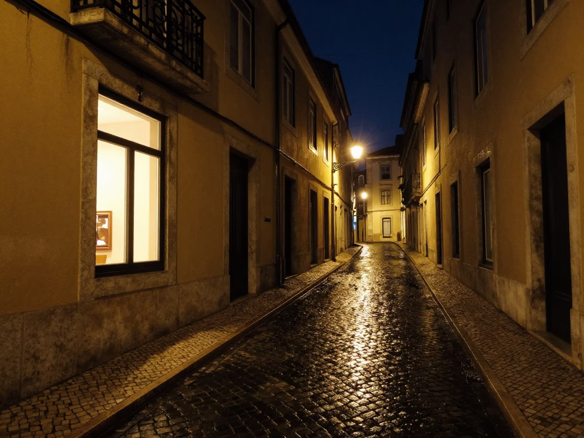 Lisbon Night Street Scene with Warm Window Light Reflecting on Wet Cobblestones in in Lisbon, Portugal