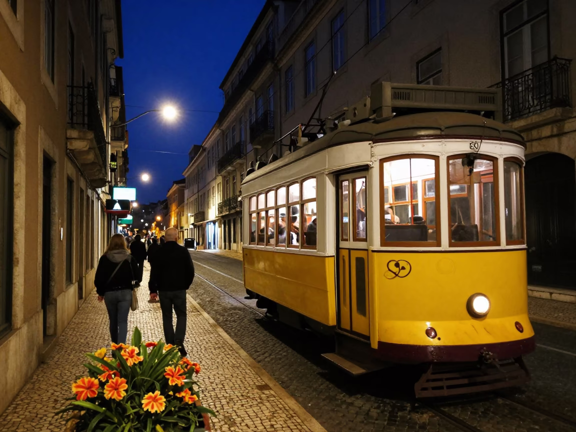 Lisbon Night Street Scene with Yellow Tram and Flower Market Stall in in Lisbon, Portugal