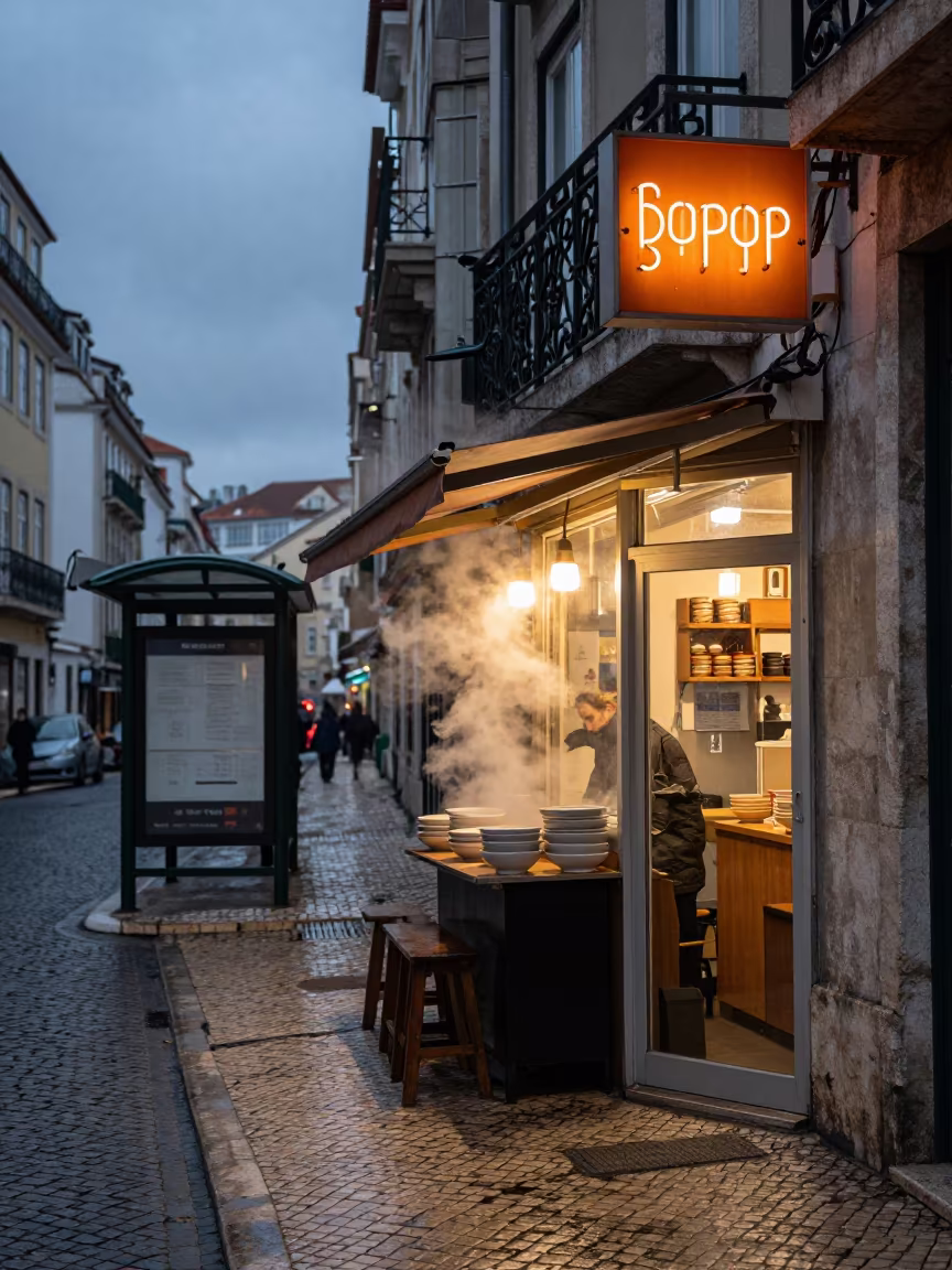 Lisbon Noodle Alley Winter Dawn Blue Hour in beside a steamed-up bus shelter in Lisbon