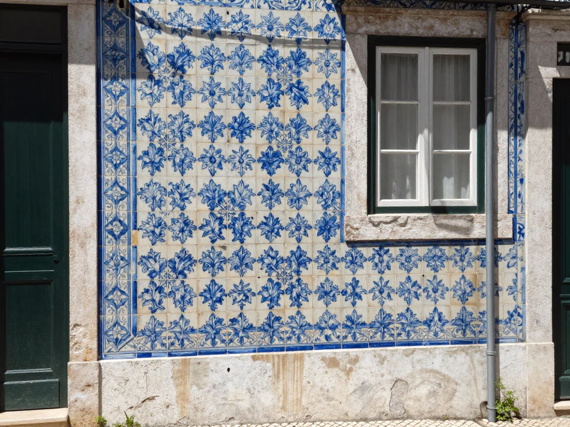 Lisbon Noon Sunlight on Traditional Blue Tile Faience and Linen Curtains in in Lisbon, Portugal