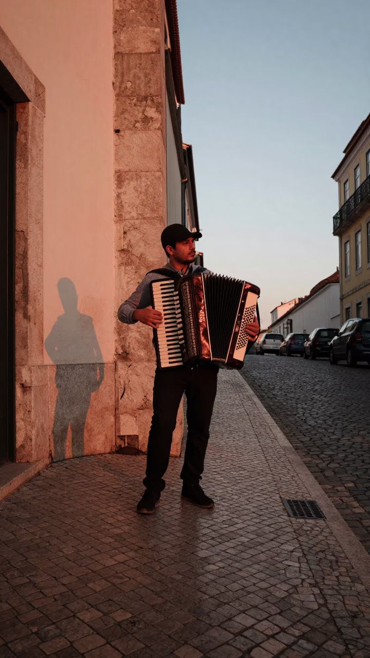 Lisbon Portugal Before Dusk Accordion Player on Cobblestone Street in Copper Light in in Lisbon, Portugal