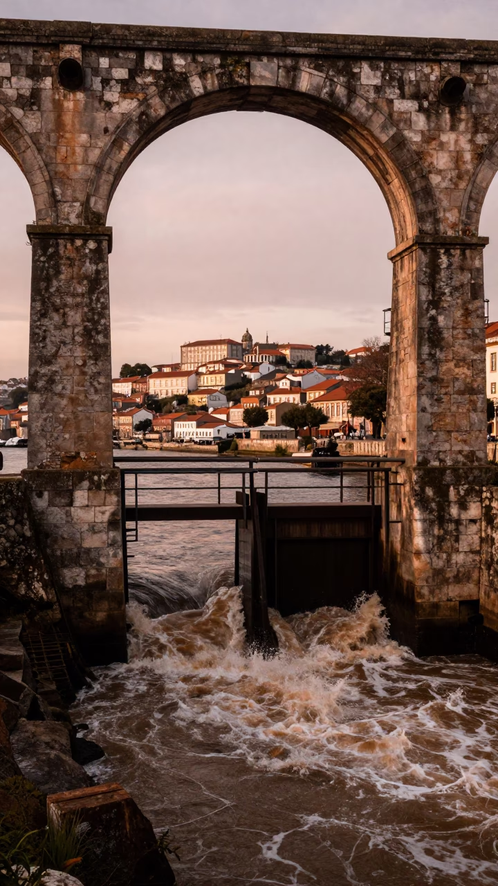 Lisbon Portugal Copper Dusk Ruins and River Foam View in in Lisbon, Portugal