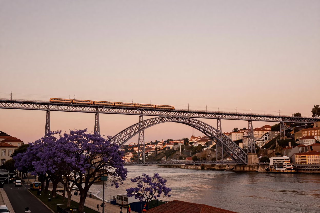 Lisbon Portugal Copper Dusk Viaduct Train and Jacaranda Boulevard in in Lisbon, Portugal
