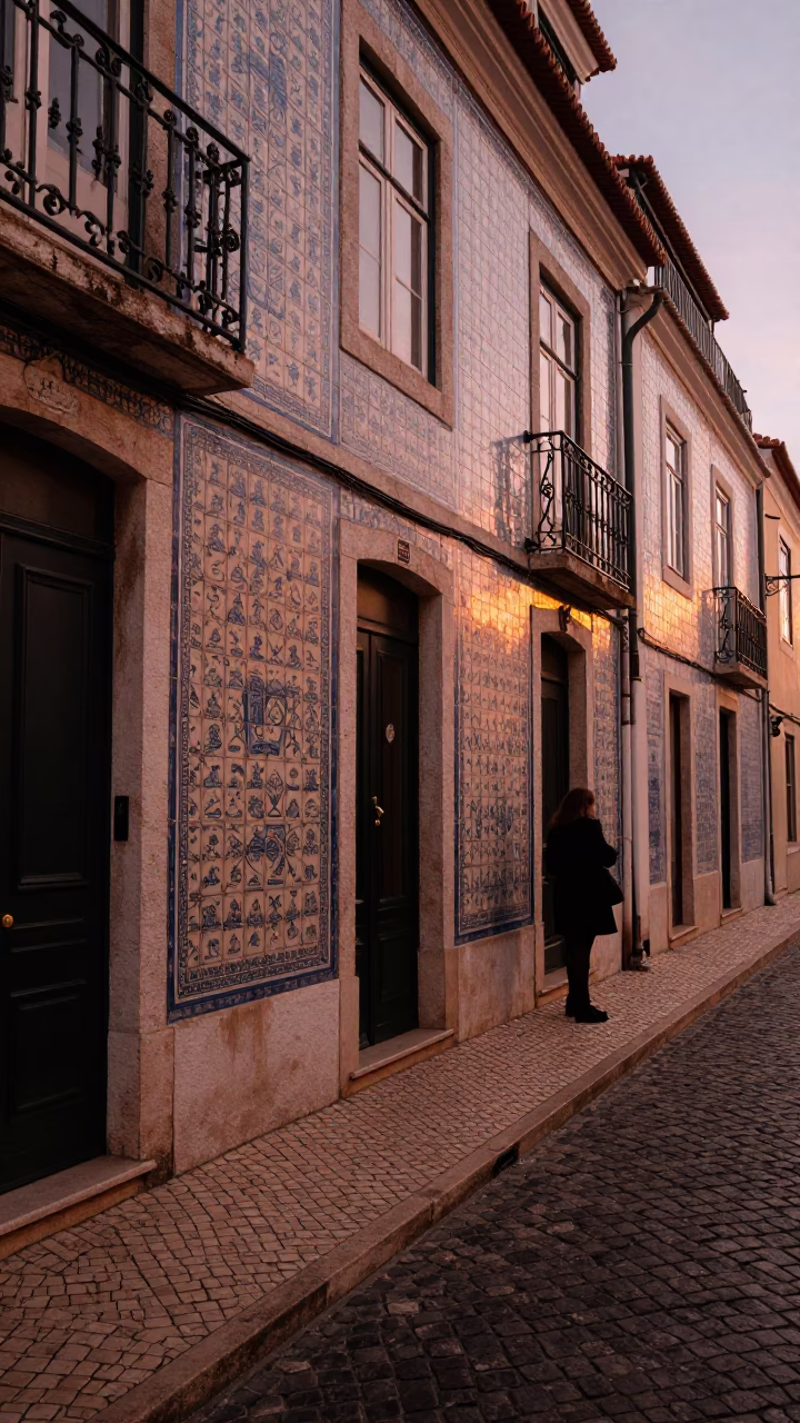Lisbon Portugal Copper Light Before Dusk Street Scene with Tiled Facade in in Lisbon, Portugal