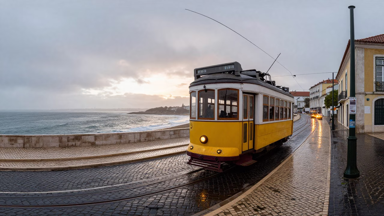 Lisbon Portugal Dawn Heritage Tram Rain Swept Coastal Promenade First Light in in Lisbon, Portugal