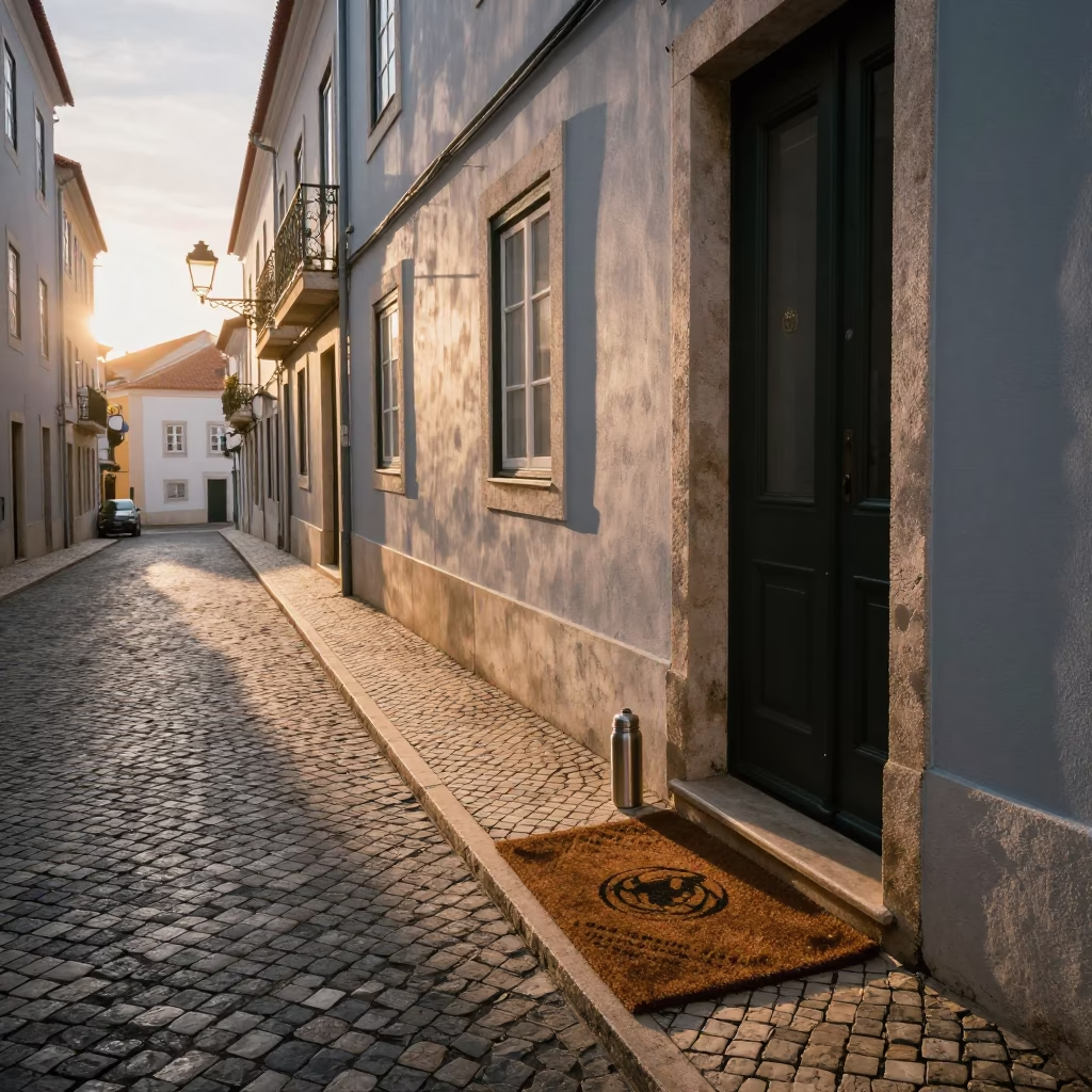 Lisbon Portugal Dawn Street Scene with Thermos and Doormat at First Light in in Lisbon, Portugal