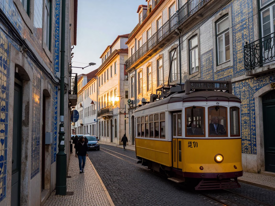 Lisbon Portugal Dawn Street Scene with Tram and Vintage Architecture in in Lisbon, Portugal