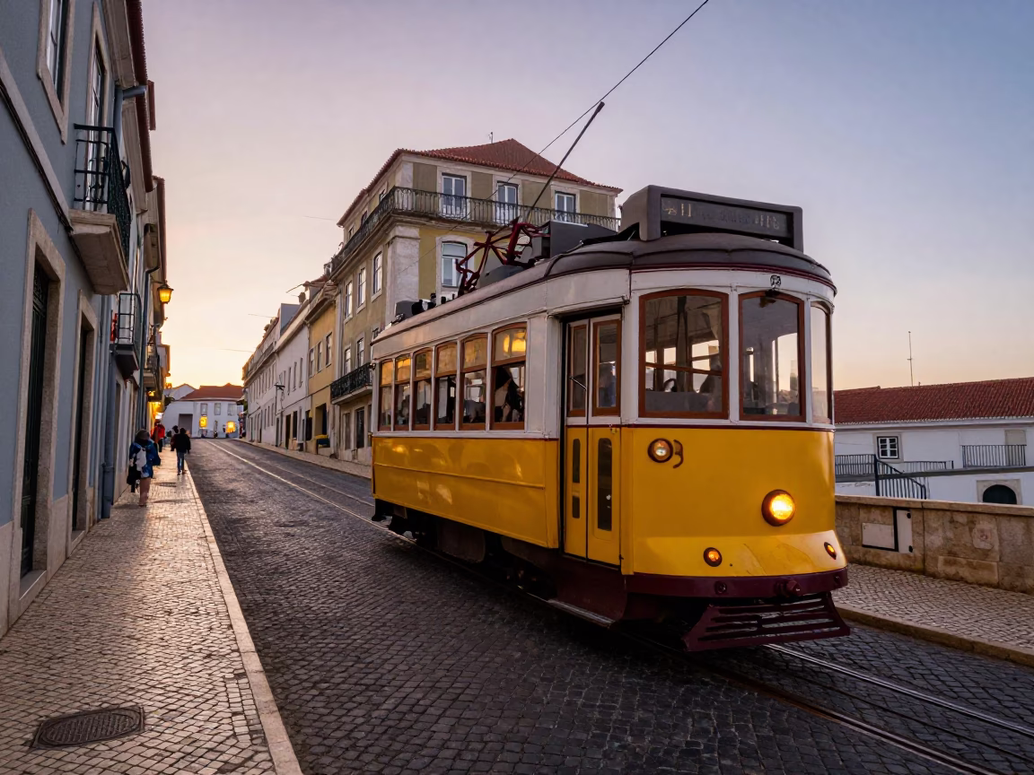 Lisbon Portugal Dawn Street Scene with Vintage Tram and Traditional Tiles in in Lisbon, Portugal