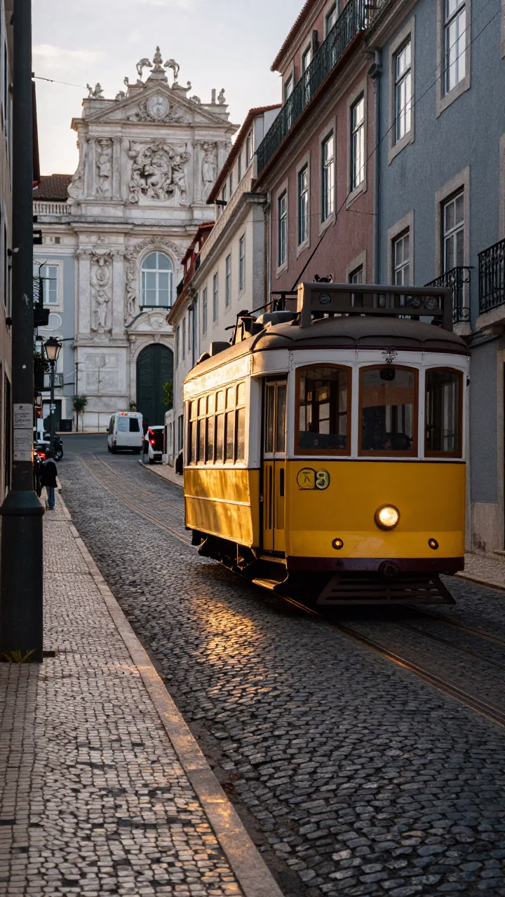 Lisbon Portugal Dawn Street Scene with Yellow Tram and Art Nouveau Facades in in Lisbon, Portugal