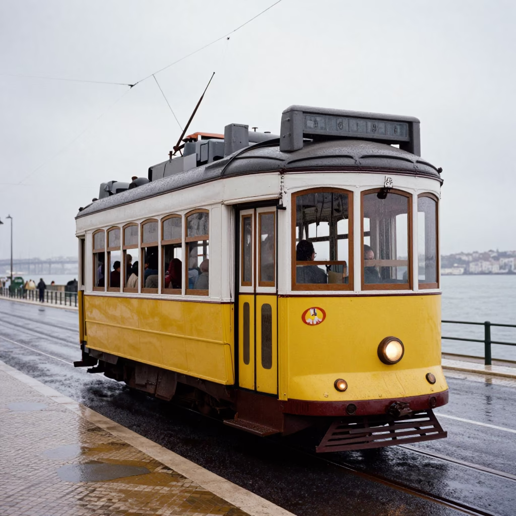 Lisbon Portugal Early Afternoon Heritage Tram Rain Swept Coastal Promenade Street Scene in in Lisbon, Portugal