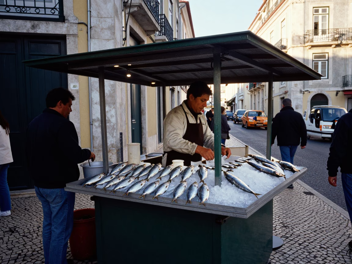 Lisbon Portugal Early Afternoon Street Scene with Sardines and Traditional Wall Hook in in Lisbon, Portugal