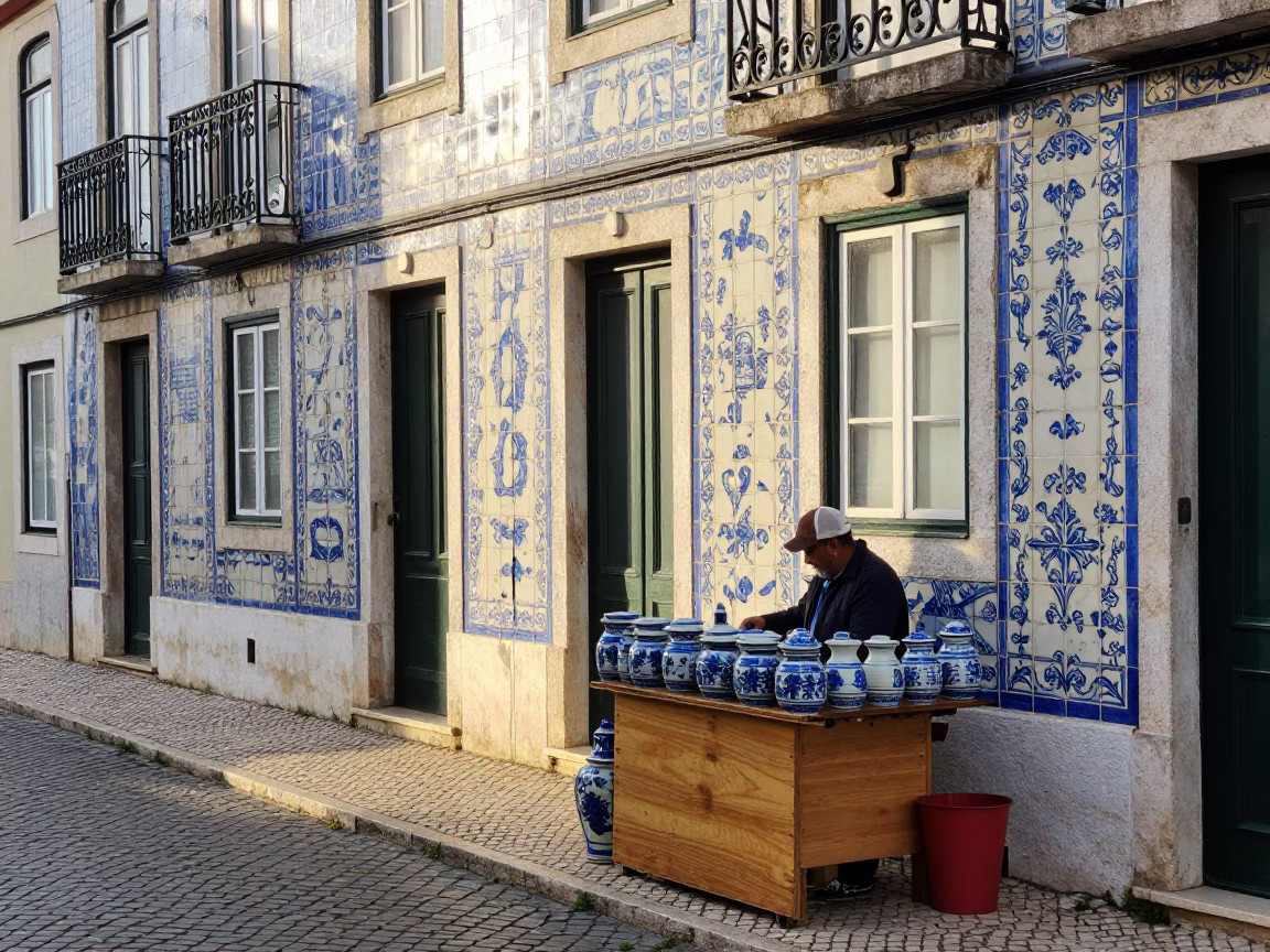 Lisbon Portugal Early Afternoon Street Scene with Traditional Azulejo Tiles and Local Market Activity in in Lisbon, Portugal