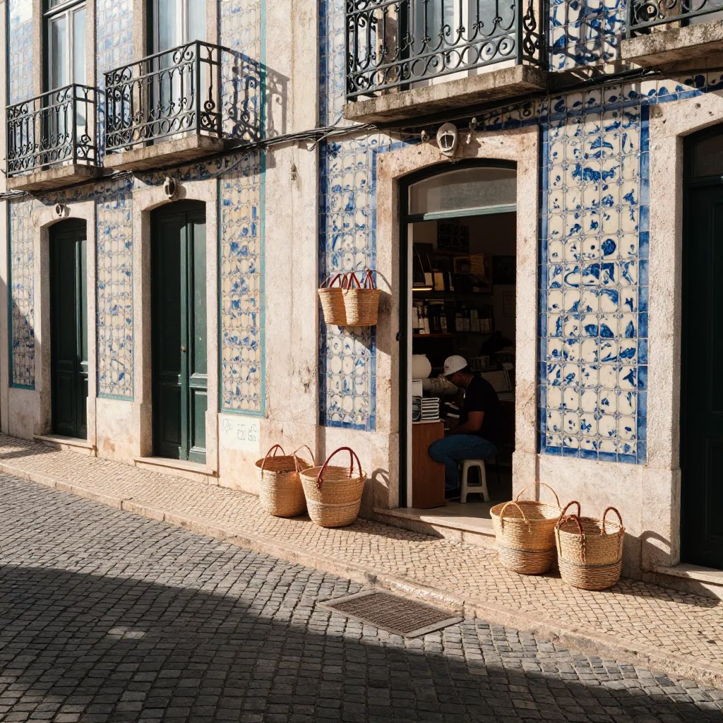 Lisbon Portugal Early Afternoon Street Scene with Traditional Woven Baskets and Fig Tree in in Lisbon, Portugal