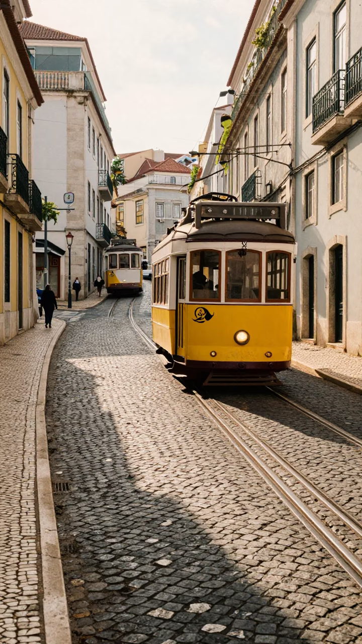 Lisbon Portugal Early Afternoon Street Scene with Vintage Car and Local Pedestrians in in Lisbon, Portugal