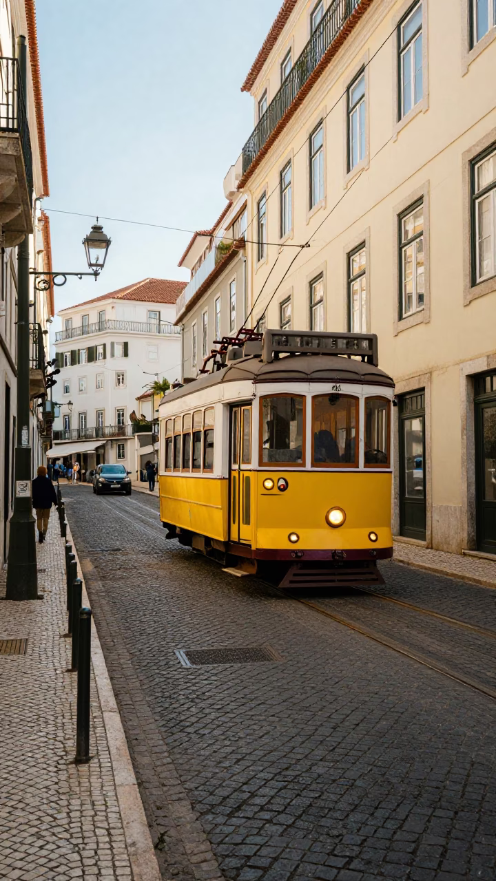 Lisbon Portugal Early Afternoon Street Scene with Yellow Tram and Traditional Churros in in Lisbon, Portugal