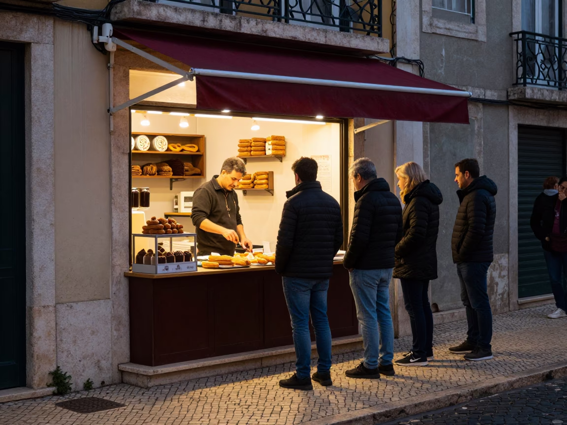 Lisbon Portugal Early Evening Street Scene with Churros and Chocolate in in Lisbon, Portugal