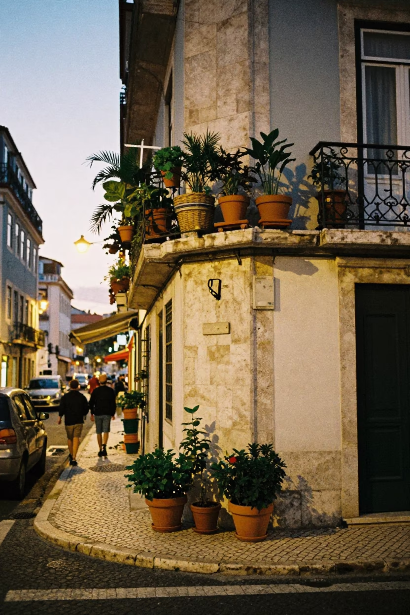 Lisbon Portugal Early Evening Street Scene with Potted Herbs and Local Life in in Lisbon, Portugal