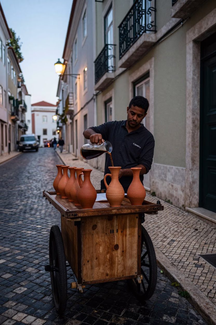 Lisbon Portugal early evening street scene with traditional drinking vessels and local interaction in in Lisbon, Portugal