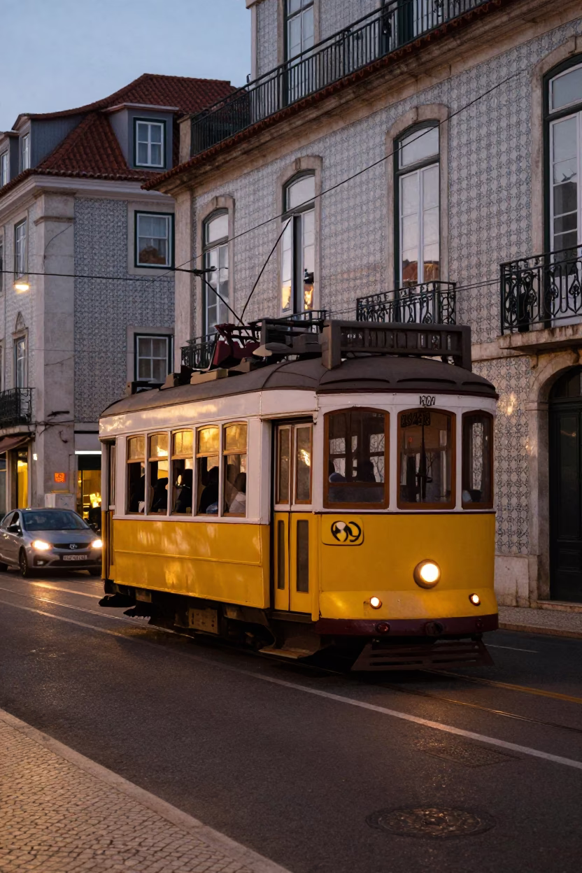 Lisbon Portugal Early Evening Street Scene with Tram and Traditional Tiles in in Lisbon, Portugal