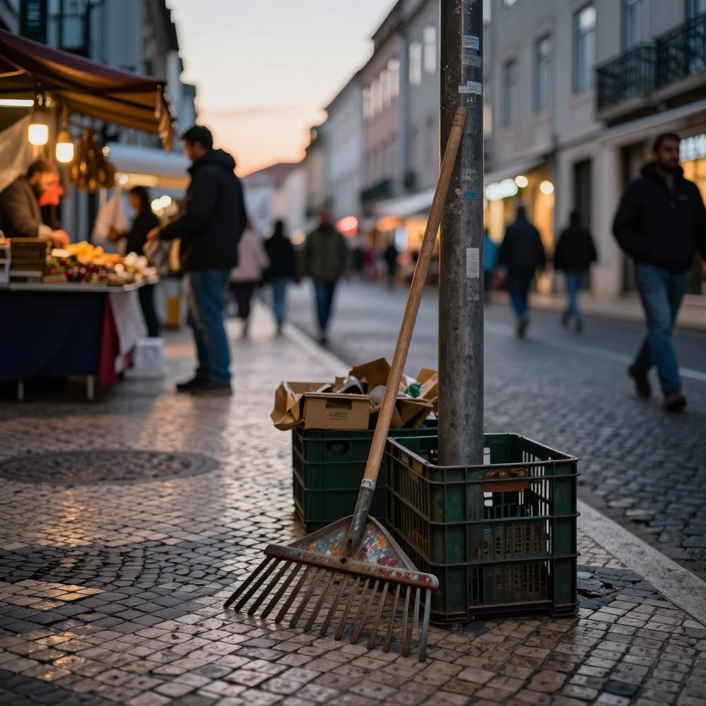 Lisbon Portugal Early Evening Street Scene with Vintage Rake and Local Market Activity in in Lisbon, Portugal