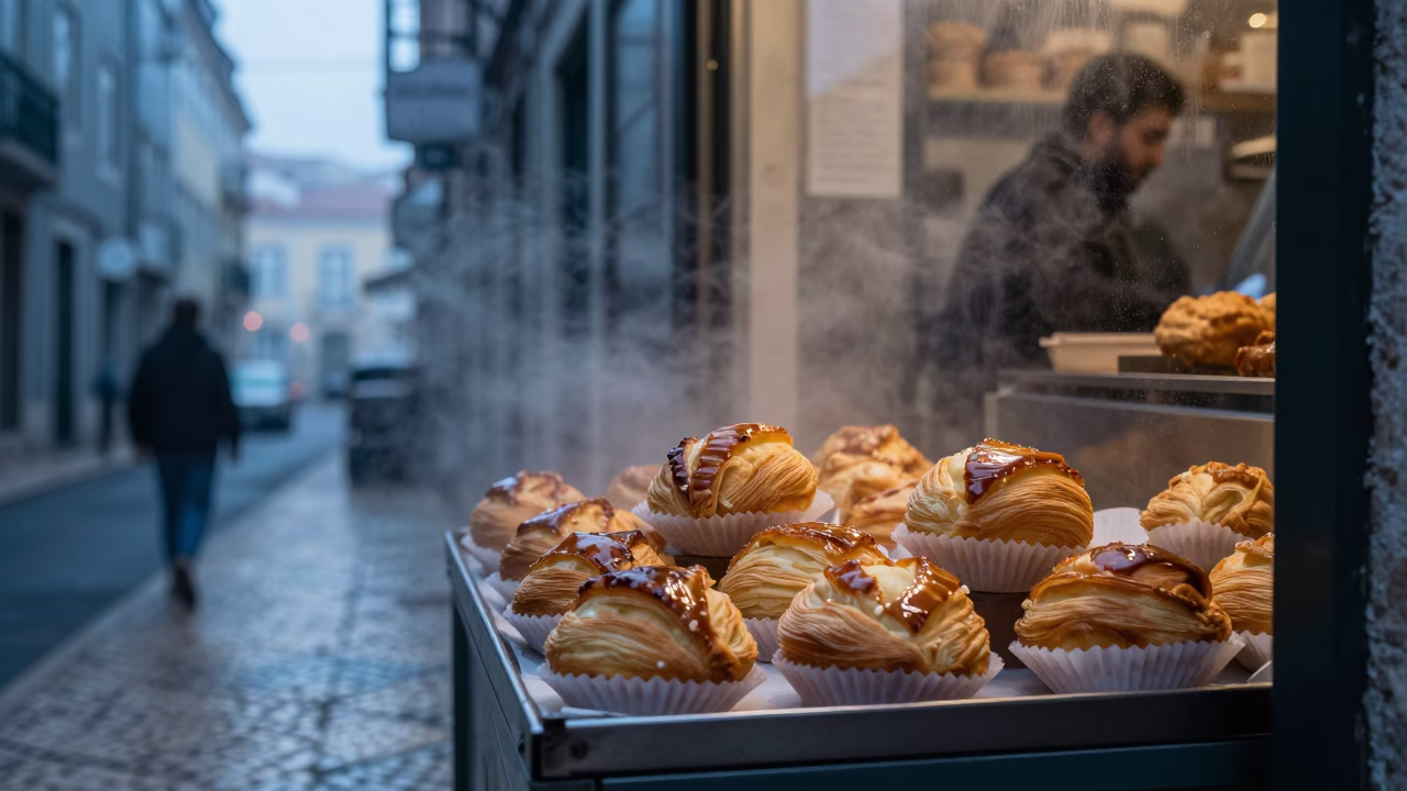 Lisbon Portugal Early Morning Street Scene with Pastries and Condensation on Bottle Neck in in Lisbon, Portugal