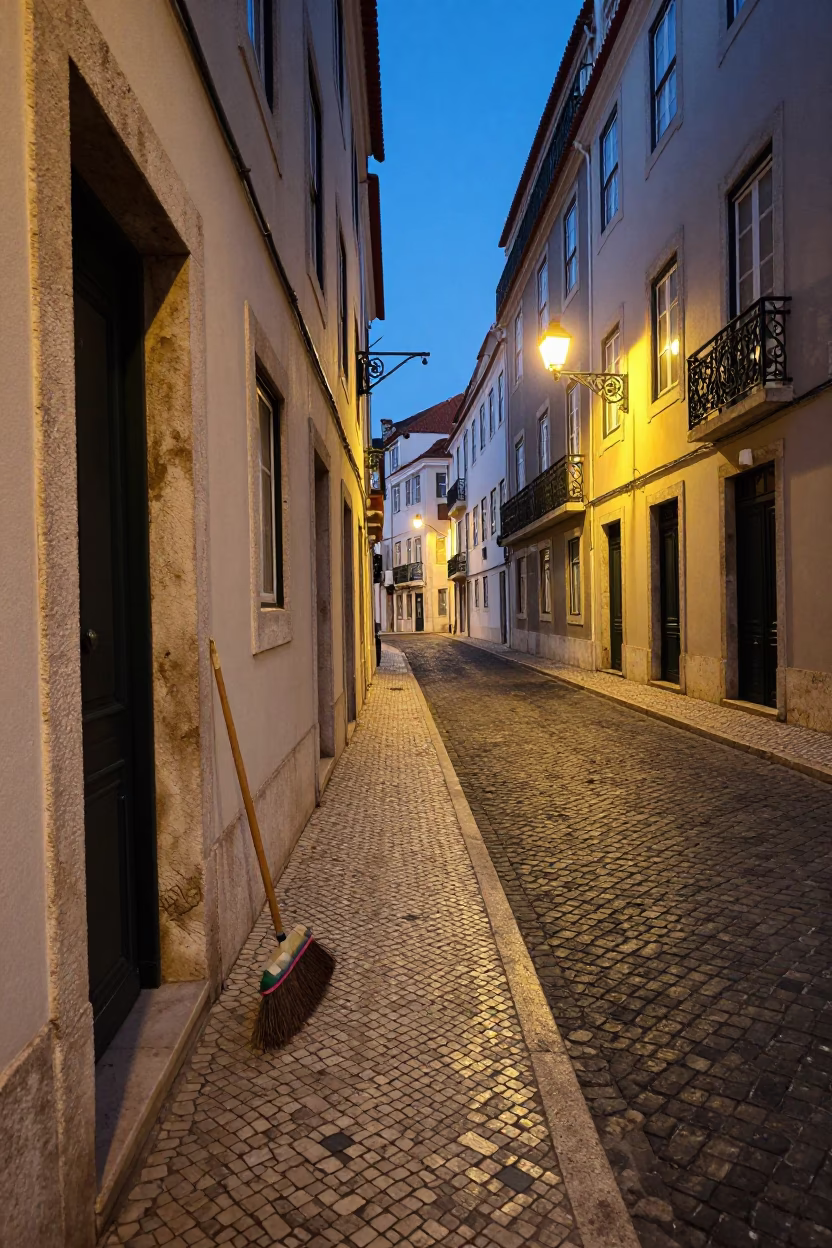 Lisbon Portugal Evening Street Scene with Broom and Basil Pot in in Lisbon, Portugal