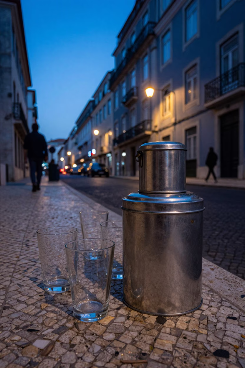 Lisbon Portugal Evening Street Scene with Tiffin Tin and Glass Tumblers in in Lisbon, Portugal